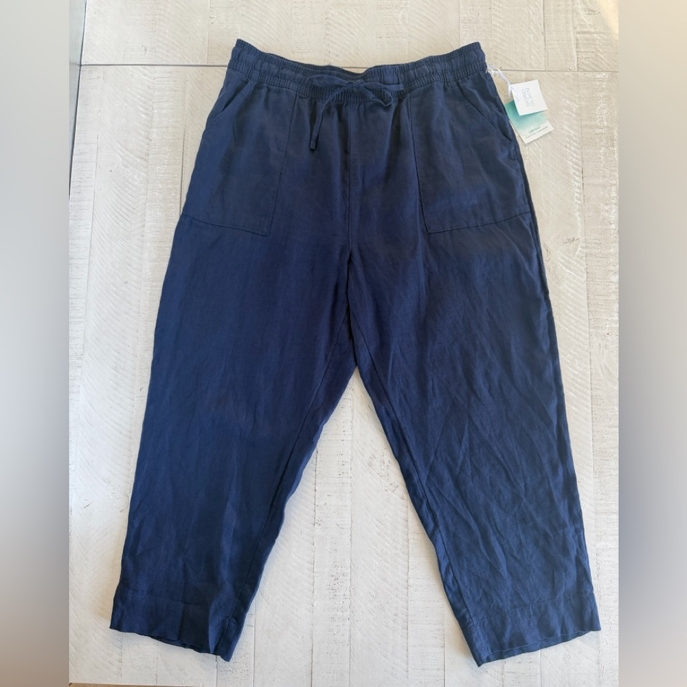 NWT 100% Linen Sigrid Olsen Beachy Women’s Navy Blue Pull On Pants size XL